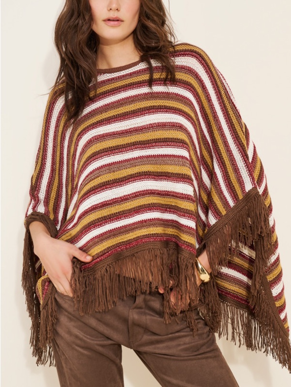 Fringed Striped Poncho Sweater in Brown, Mustard & White